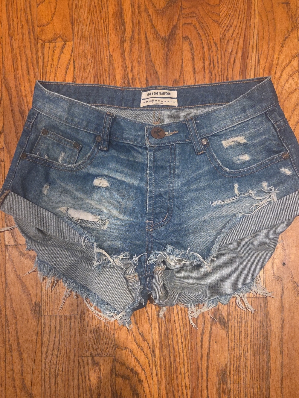 One Teaspoon Medium Blue Distressed Roll-Cuff Denim Shorts